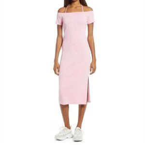 WAYF Deena Off the Shoulder Rib Knit Midi Dress in Pink size Medium